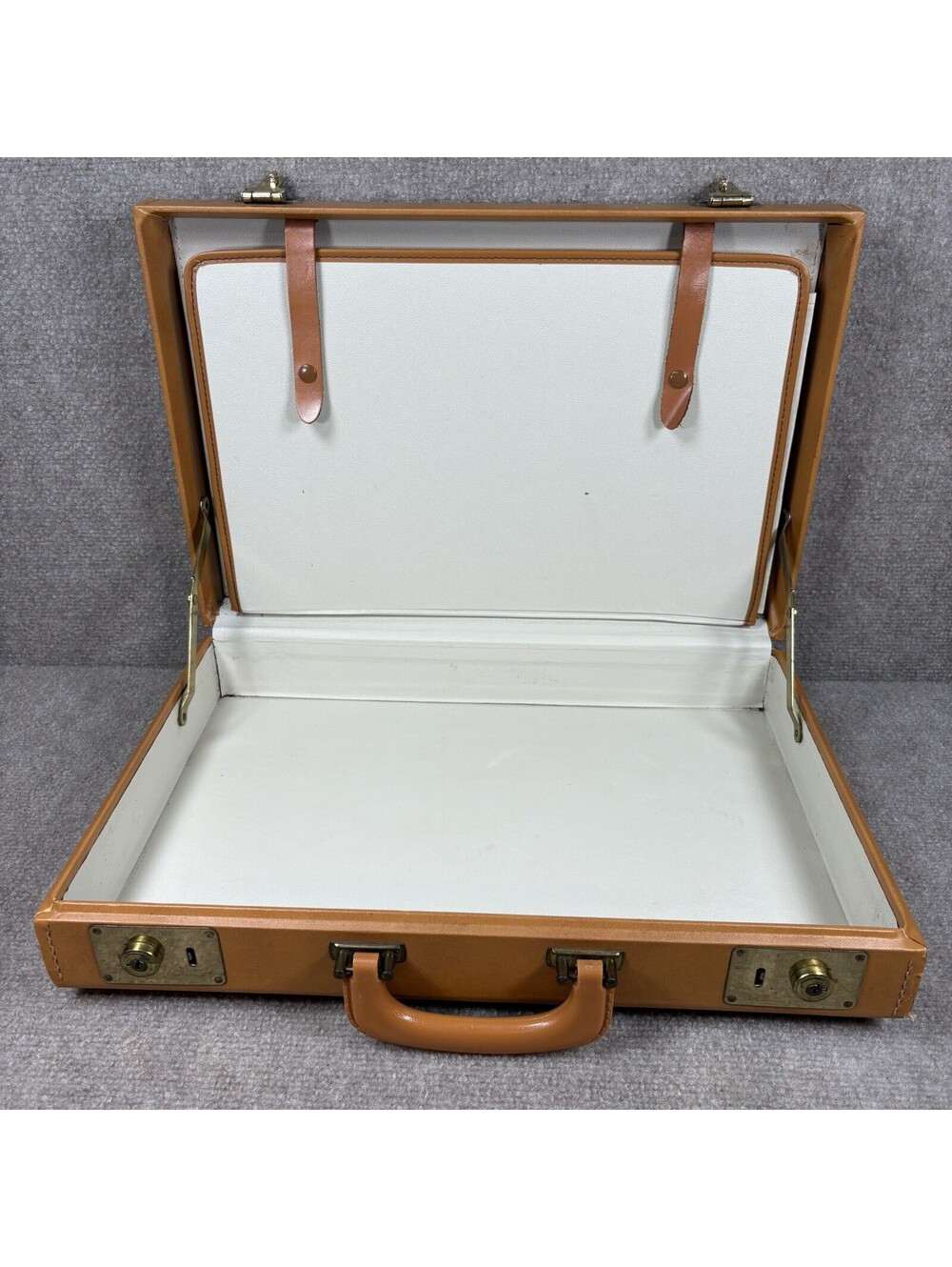Vintage Genuine Leather Hard Shell Briefcase with Brass Locks & Hardware No Key